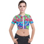 Colorful distorted shapes on a grey background                                                     Short Sleeve Cropped Jacket