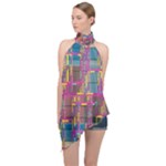 Colorful shapes texture                                                    Halter Asymmetric Satin Top