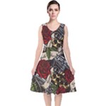 Seamless Vector Pattern V-Neck Midi Sleeveless Dress 