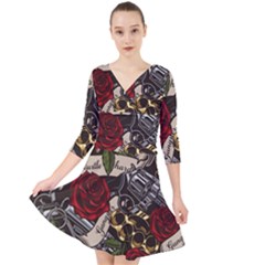 Quarter Sleeve Front Wrap Dress 