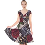 Seamless Vector Pattern Cap Sleeve Front Wrap Midi Dress