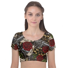 Velvet Short Sleeve Crop Top  