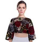 Seamless Vector Pattern Tie Back Butterfly Sleeve Chiffon Top