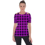 Purple Black Buffalo Plaid Shoulder Cut Out Short Sleeve Top