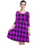 Purple Black Buffalo Plaid Quarter Sleeve Waist Band Dress