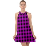 Purple Black Buffalo Plaid Halter Tie Back Chiffon Dress