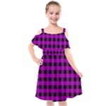 Purple Black Buffalo Plaid Kids  Cut Out Shoulders Chiffon Dress