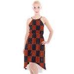Red and Black Checkered Grunge  High-Low Halter Chiffon Dress 
