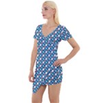 Country Blue Checks Pattern Short Sleeve Asymmetric Mini Dress