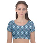 Country Blue Checks Pattern Velvet Short Sleeve Crop Top 