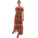 Madras Plaid Fall Colors Off Shoulder Open Front Chiffon Dress