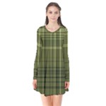 Green Madras Plaid Long Sleeve V-neck Flare Dress