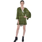 Green Madras Plaid V-Neck Flare Sleeve Mini Dress