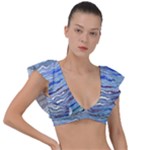 Blue Abstract Stripes Plunge Frill Sleeve Bikini Top