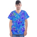 Blue Abstract Floral Paint Brush Strokes Men s V-Neck Scrub Top