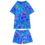 Blue Abstract Floral Paint Brush Strokes Kids  Swim Tee and Shorts Set