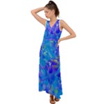 Blue Abstract Floral Paint Brush Strokes V-Neck Chiffon Maxi Dress