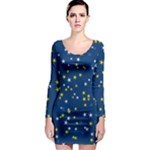 White Yellow Stars on Blue Color Long Sleeve Bodycon Dress