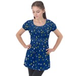 White Yellow Stars on Blue Color Puff Sleeve Tunic Top