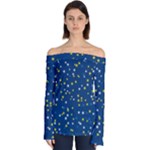 White Yellow Stars on Blue Color Off Shoulder Long Sleeve Top
