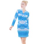 Light Blue and White Color Diamonds Button Long Sleeve Dress