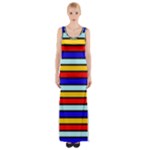 Red And Blue Contrast Yellow Stripes Thigh Split Maxi Dress