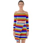 Red And Blue Contrast Yellow Stripes Off Shoulder Top with Skirt Set