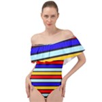 Red And Blue Contrast Yellow Stripes Off Shoulder Velour Bodysuit 