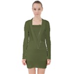 Army Green Solid Color V-neck Bodycon Long Sleeve Dress