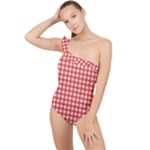 Red White Gingham Plaid Frilly One Shoulder Swimsuit
