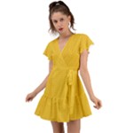 Saffron Yellow Color Polka Dots Flutter Sleeve Wrap Dress