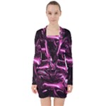 Black Magenta Abstract Art V-neck Bodycon Long Sleeve Dress