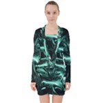 Biscay Green Black Abstract Art V-neck Bodycon Long Sleeve Dress