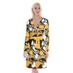 Black Yellow White Abstract Art Long Sleeve Velvet Front Wrap Dress