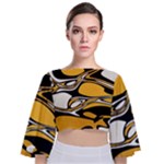 Black Yellow White Abstract Art Tie Back Butterfly Sleeve Chiffon Top