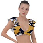 Black Yellow White Abstract Art Plunge Frill Sleeve Bikini Top