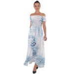 Boho Faded Blue Denim White Batik Off Shoulder Open Front Chiffon Dress