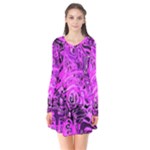 Magenta Black Abstract Art Long Sleeve V-neck Flare Dress