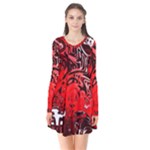 Red Black Abstract Art Long Sleeve V-neck Flare Dress