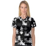 Black and White Jigsaw Puzzle Pattern V-Neck Sport Mesh Tee