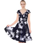 Black and White Jigsaw Puzzle Pattern Cap Sleeve Front Wrap Midi Dress