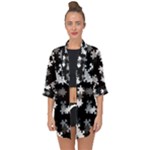 Black and White Jigsaw Puzzle Pattern Open Front Chiffon Kimono