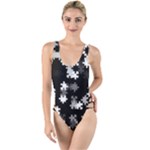 Black and White Jigsaw Puzzle Pattern High Leg Strappy Swimsuit