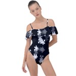 Black and White Jigsaw Puzzle Pattern Frill Detail One Piece Swimsuit