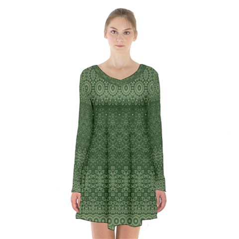 Boho Fern Green Pattern Long Sleeve Velvet V