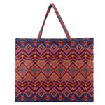 Boho Light Brown Blue Pattern Zipper Large Tote Bag