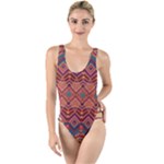 Boho Light Brown Blue Pattern High Leg Strappy Swimsuit