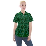 Leaf Forest And Blue Flowers In Peace Women s Short Sleeve Pocket Shirt