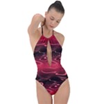 Crimson Red Black Swirl Plunge Cut Halter Swimsuit