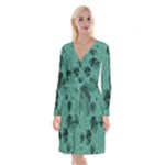 Biscay Green Black Spirals Long Sleeve Velvet Front Wrap Dress